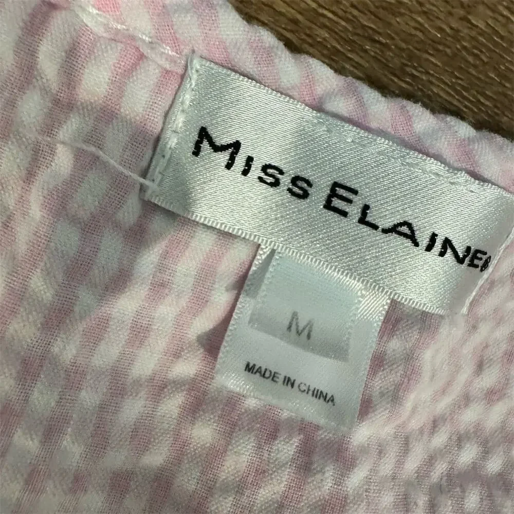 Miss Elaine Pink Gingham Seersucker Housecoat Pockets M Short Sleeve Snap STAIN